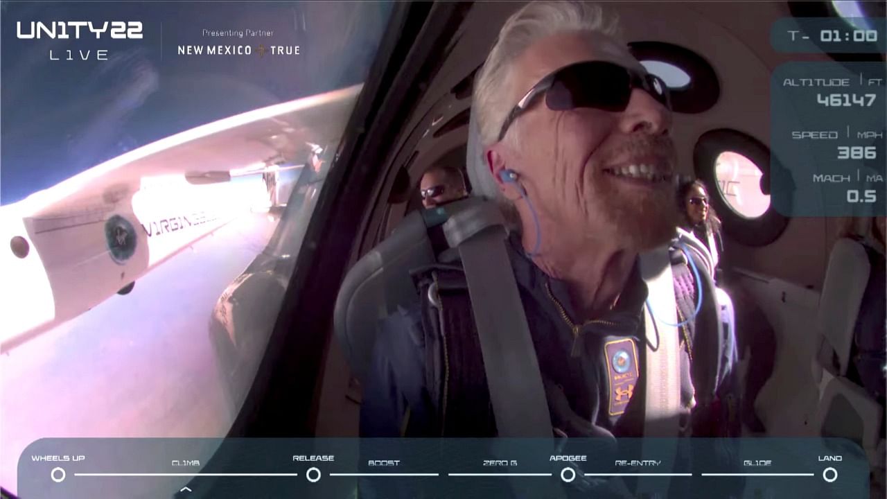 Branson smiles on board Virgin Galactic's passenger rocket plane VSS Unity. Credit: Reuters Photo