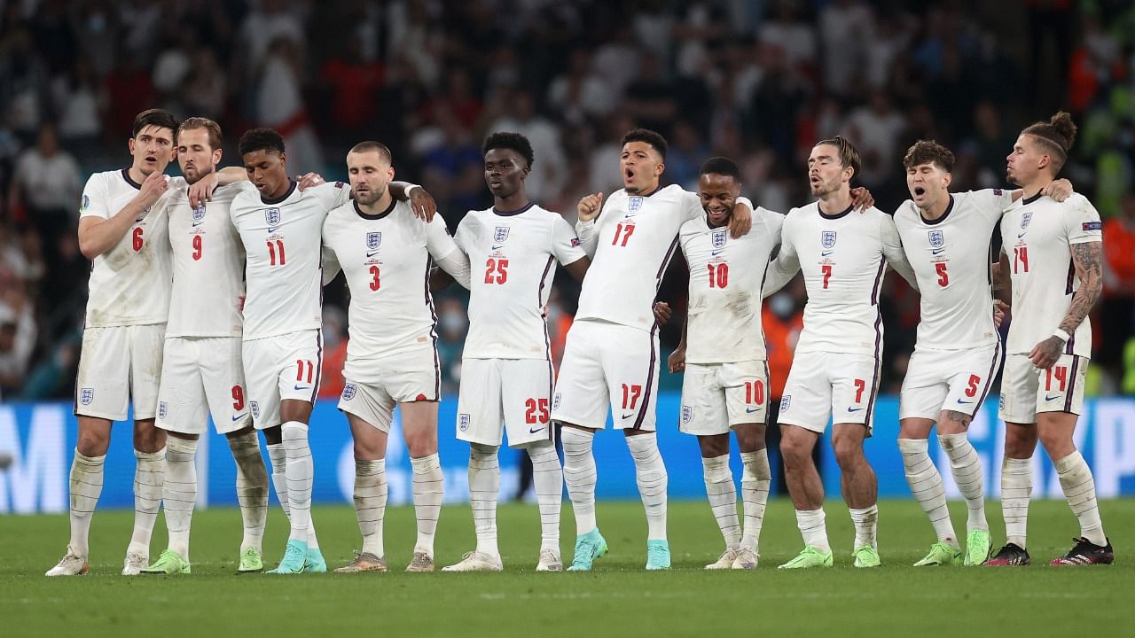 England players look on during the Euro final penalty shootout. Credit: Reuters Photo
