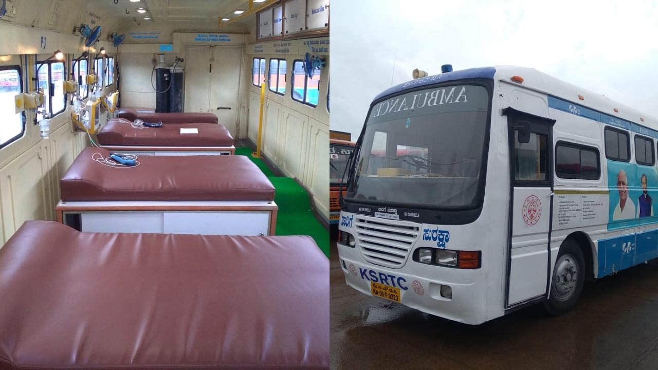The interior (L) and exterior of KSRTC's Sarige Suraksha, ‘ICU on wheels’ bus. Credit: DH Photos