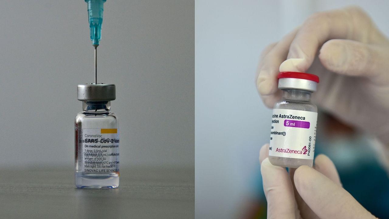 A vial of Sinovac's CoronaVac vaccine (L) and the AstraZeneca Covid-19 vaccine. Credit: AFP File Photos