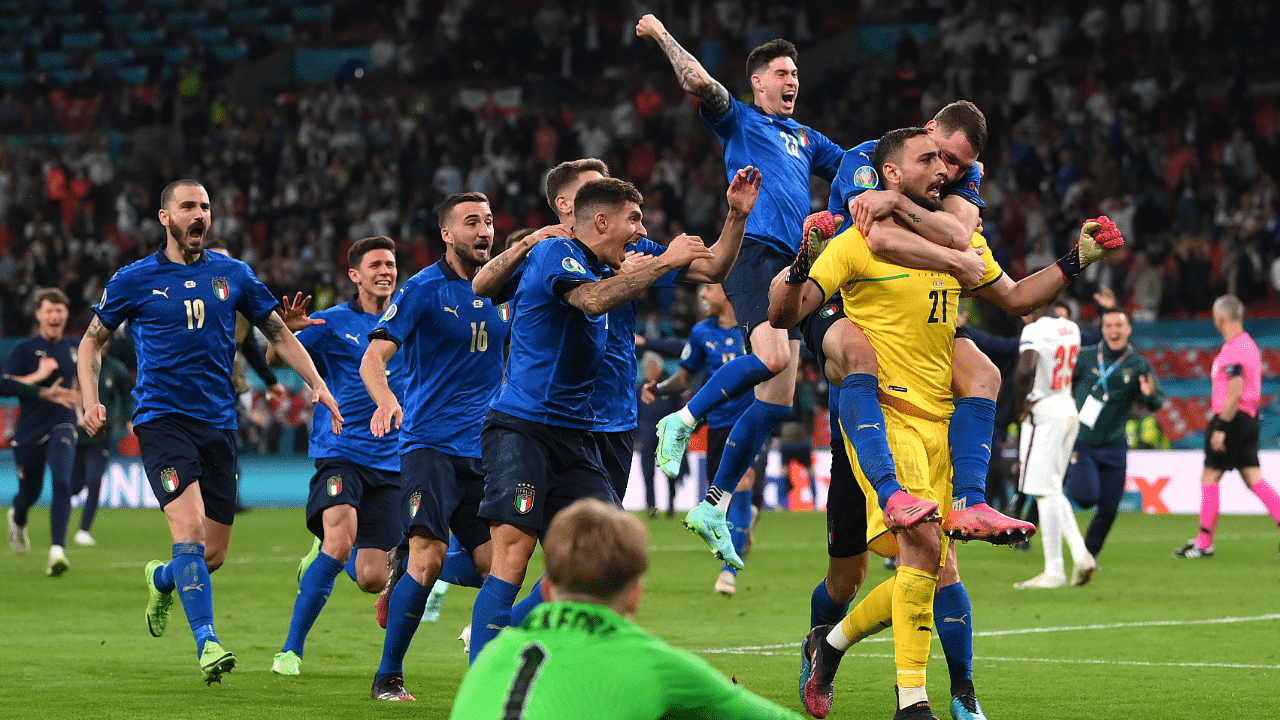 Italy's Gianluigi Donnarumma celebrates winning Euro 2020. Credit: Reuters Photo