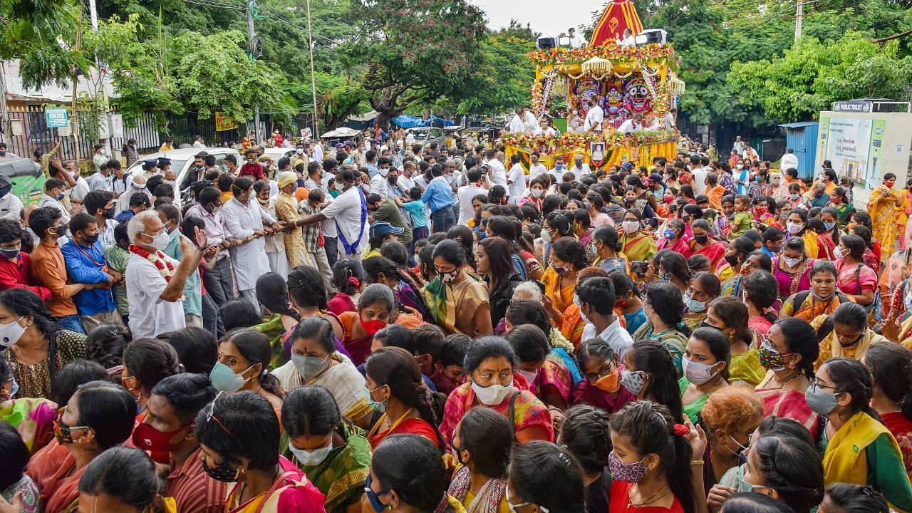 Devotees pull a chariot carrying the idol of Lord Jagannath during the 'Rath Yatra' festival in Hyderabad. Credit: PTI File Photo