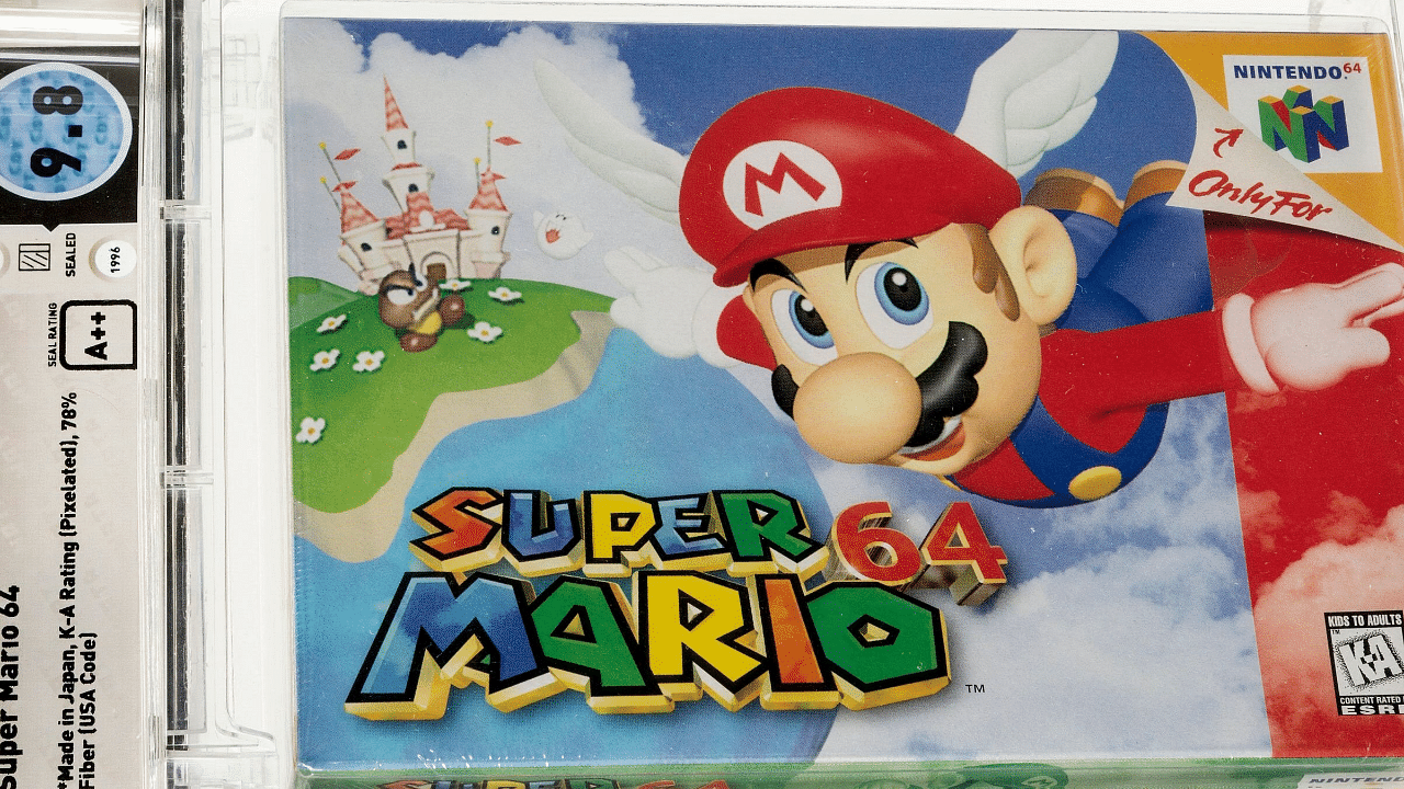 The picture, courtesy of Heritage Auctions, shows the Super Mario 64 Game Cartridge. Credit: AFP Photo