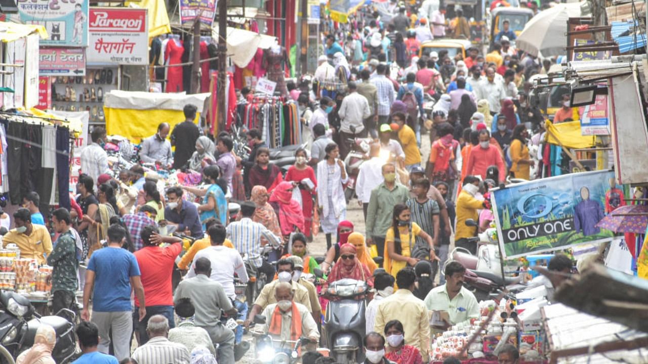 A crowded market after ease in Covid-induced lockdown restrictions, in Solapur, Tuesday, July 13, 2021. Credit: PTI Photo