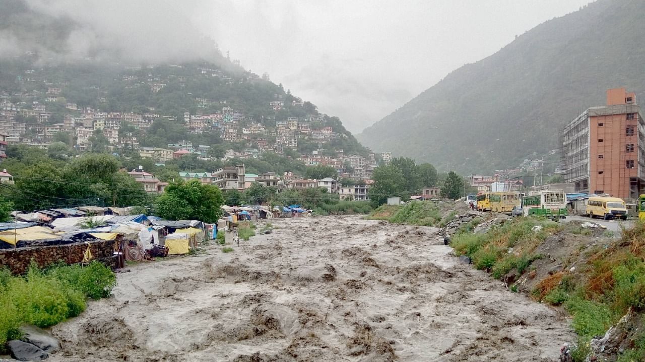 A view of Beas river in spate after heavy rain in Kullu district, Monday, July 12, 2021. Credit: PTI Photo