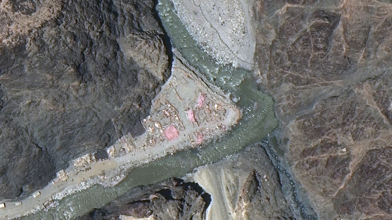 Maxar WorldView-3 satellite image shows close up view of the Line of Actual Control (LAC) border and patrol point 14 in the eastern Ladakh sector of Galwan Valley. Credit: Reuters File Photo