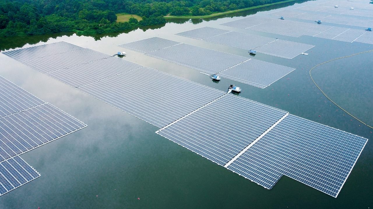 An aerial view of Sembcorb energy company's new floating solar power farm at Tengeh reservoir in Singapore. Credit: AFP Photo