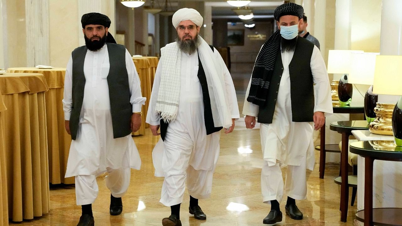 (L-R) Suhil Shaheen, Mawlawi Shahabuddin Dilawar and Mohammad Naim, members of a political delegation from the Afghan Taliban's movement. Credit: AP/PTI Photo