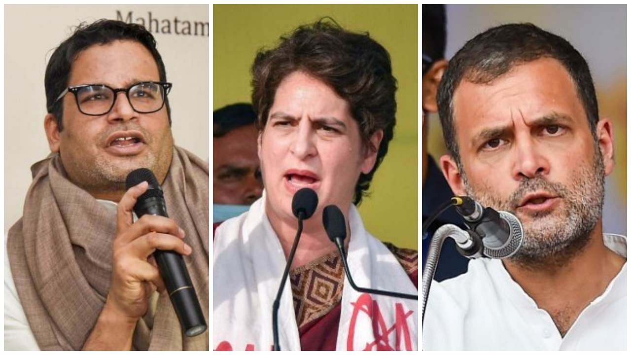 Poll strategist Prashant Kishor,  Priyanka Gandhi and Rahul Gandhi. Credit: PTI Photos