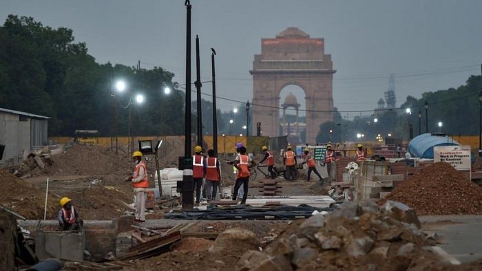 Construction work underway as part of the Central Vista Redevelopment Project, at Rajpath in New Delhi. Credit: PTI Photo