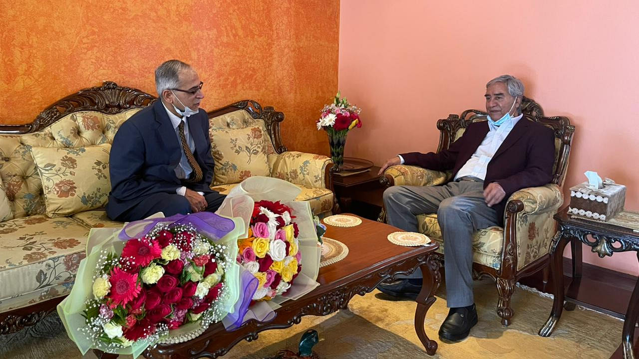 Indian Ambassador to Nepal, Vinay Mohan Kwatra and Sher Bahadur Deuba. Credit: Twitter Photo/@MofaNepal