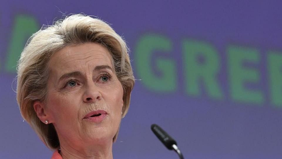 European Commission President Ursula von der Leyen unveils proposals to govern transition to low carbon economy dubbed "European Green Deal" during a press conference at the EU Parliament in Brussels on July 14, 2021. Credit: AFP Photo