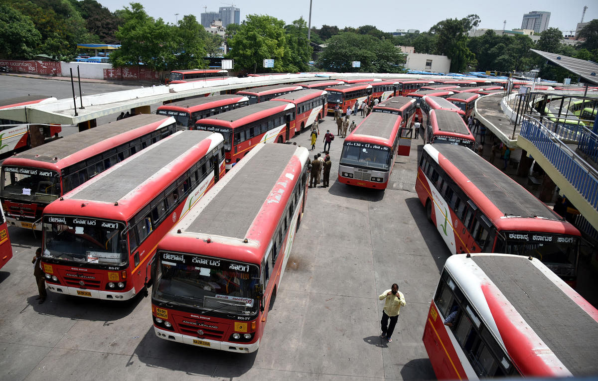 KSRTC buses ready to transport migrant workers on Wednesday. Photo by S K Dinesh