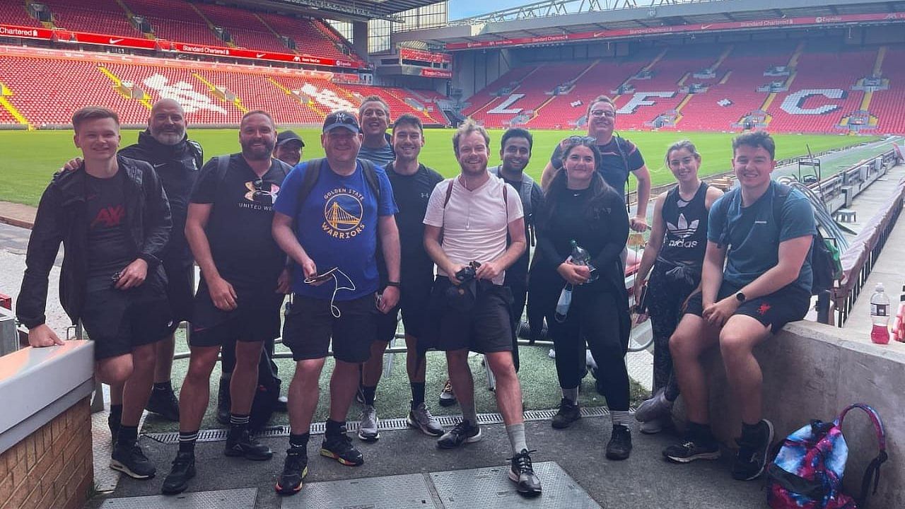 Members after finishing their 25-mile walk at the Anfield Stadium to support 'Khaana Chahiye'.  Credit: Special Arranegement