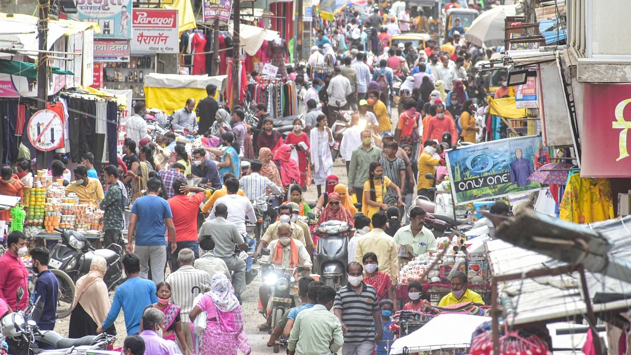 A crowded market after ease in Covid-induced lockdown restrictions. Credit: PTI Photo