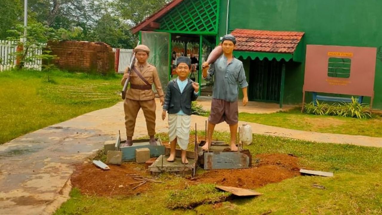 The life-size statues of the three main characters of 'Malgudi Days', Swami, Mani and Rajam, have been installed at the railway station-turned Malgudi Museum at Arasalu in Hosanagar taluk. Credit: DH Photo