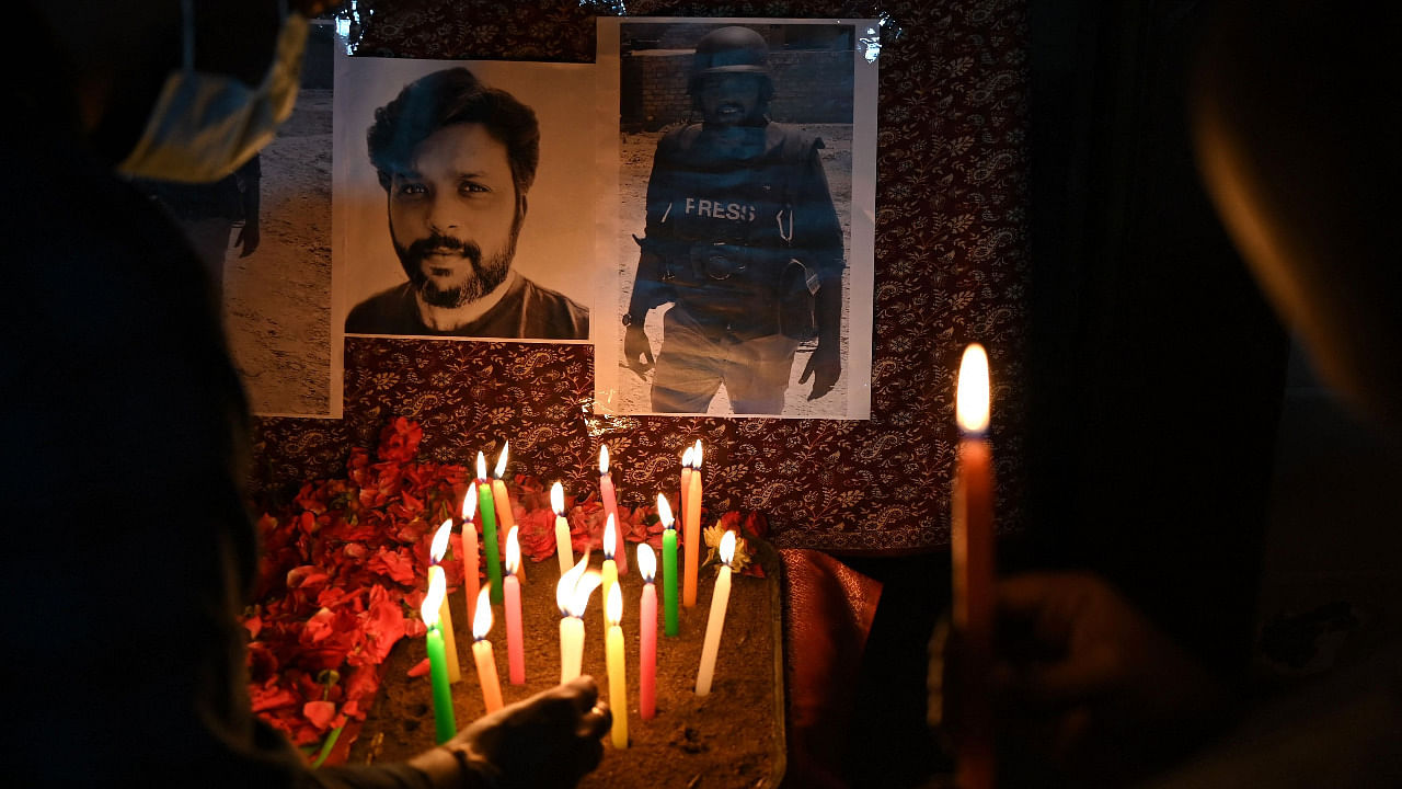 A media personnel pays homage to Reuters journalist Danish Siddiqui at press club in Chennai. Credit: AFP Photo