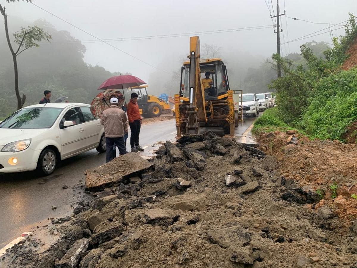 Owing to an increase in the moisture content, a portion of Madikeri-Mangaluru NH 275, was damaged. The repair work is in progress.
