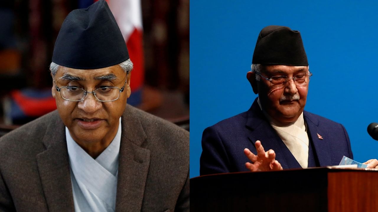 Nepal Prime Minister Sher Bahadur Deuba and ousted former prime minister K P Sharma Oli. Credit: Reuters Photos