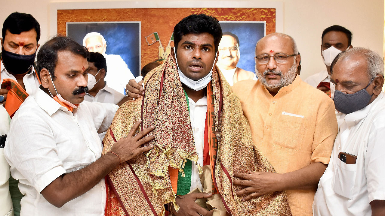 Newly appointed Tamil Nadu BJP President Annamalai being felicitated at the party's state unit headquaeters, in Chennai. Credit: PTI Photo