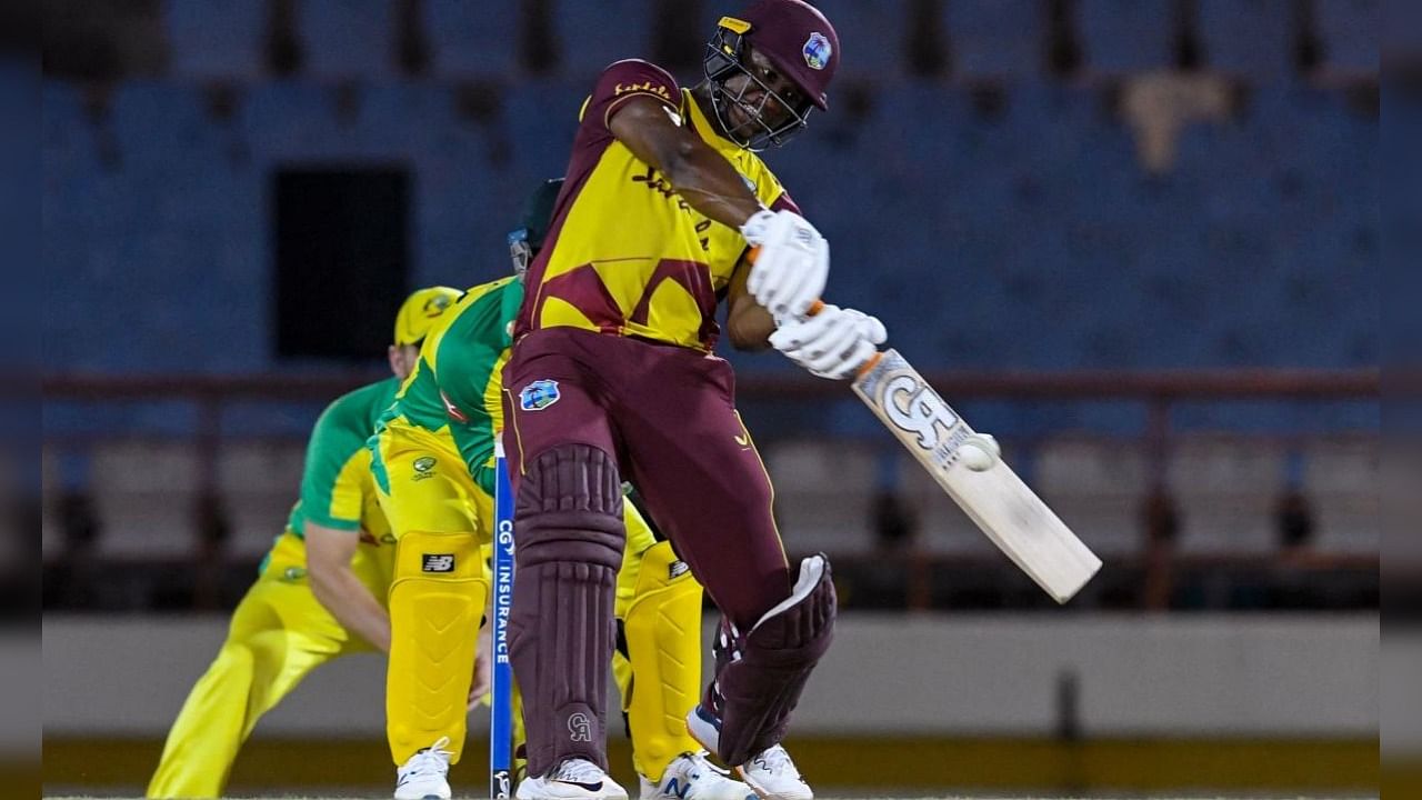 Evin Lewis of West Indies hits 6 during the 5th and final T20I between Australia and West Indies at Darren Sammy Cricket Ground, Gros-Islet, Saint Lucia. Credit: AFP Photo