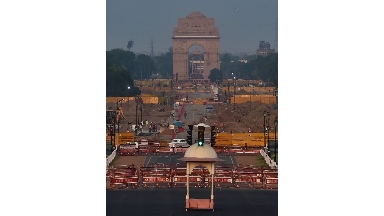  Construction work is underway as part of the Central Vista Redevelopment Project, at Rajpath in New Delhi. Credit: PTI File Photo