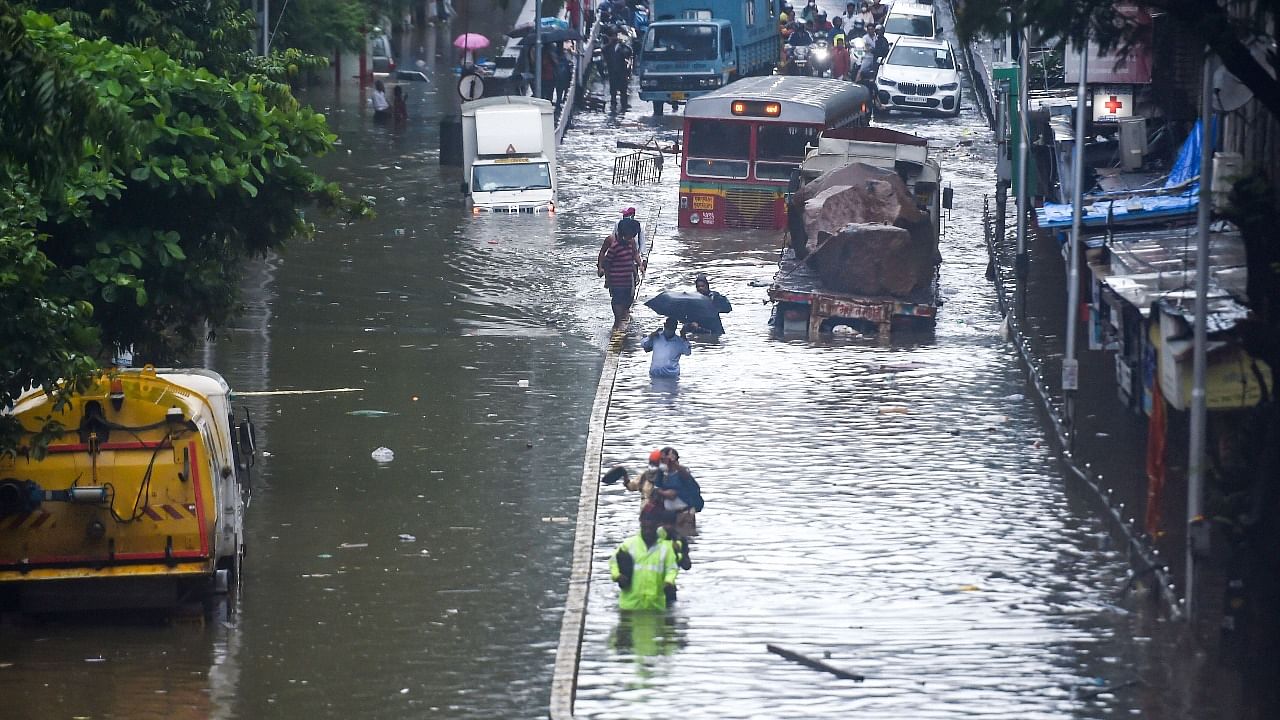 A view of the waterlogged street at Parel after heavy rains in Mumbai. Credit: PTI photo
