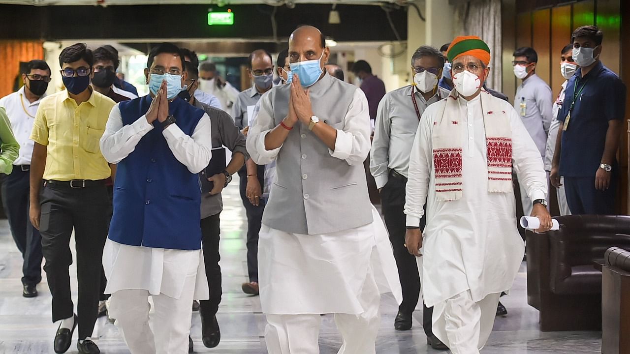 Defence Minister Rajnath Singh arrives to attend an all-party meeting, a day before the monsoon session of Parliament begins, in New Delhi, Sunday, July 18, 2021. Credit: PTI Photo