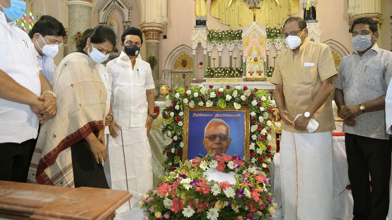 Stalin, accompanied by his half-sister Kanimozhi, State Minorities Commission Chairman Peter Alphonse, and party leaders, paid respect to the deceased Jesuit father. Credit: Special arrangement