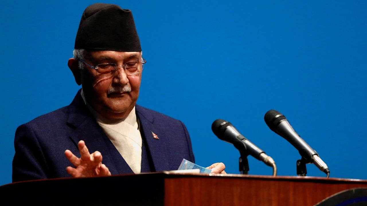 Nepal's Prime Minister Khadga Prasad Sharma Oli, also known as K P Oli, delivers a speech before a confidence vote at the parliament in Kathmandu, Nepal May 10, 2021. Credit: Reuters Photo