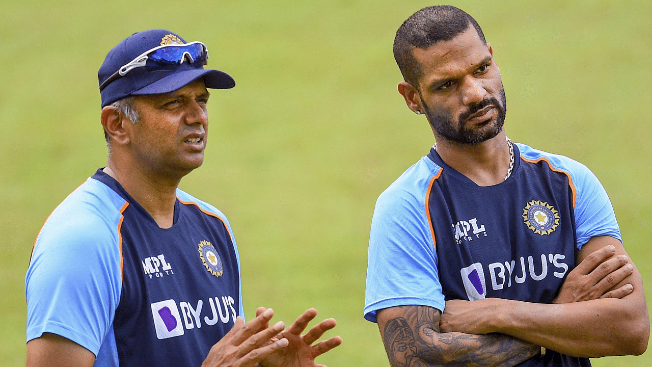 Indian cricket team head coach Rahul Dravid with Shikhar Dhawan during the team's first training session in Sri Lanka. Credit: PTI Photo
