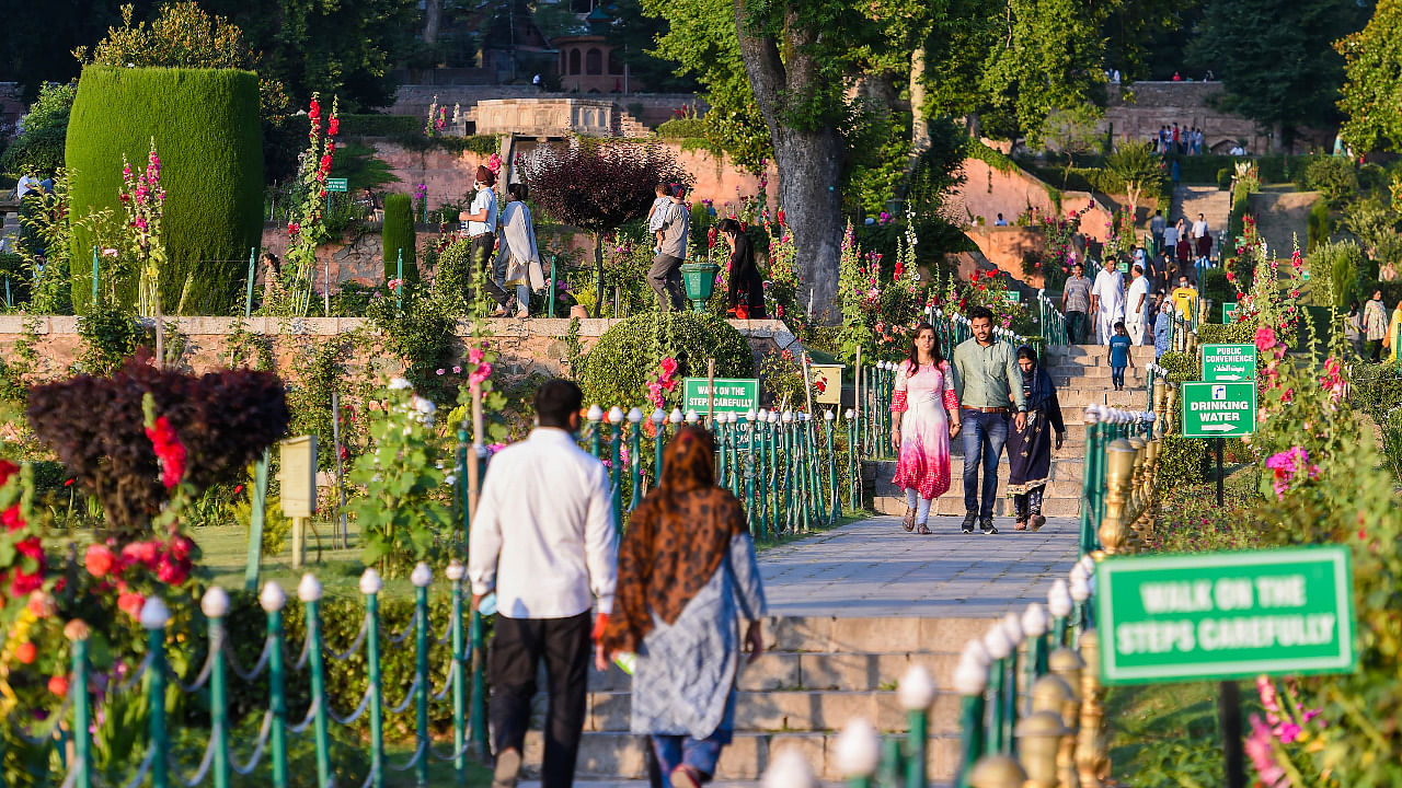 Couples and families walk at Mughal Garden Nishat in Srinagar. Credit: PTI Photo