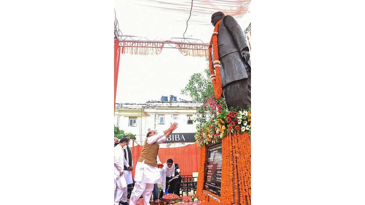 Singh inaugurated the 12-foot-tall statue of Tandon in Hazratganj. Credit: PTI Photo