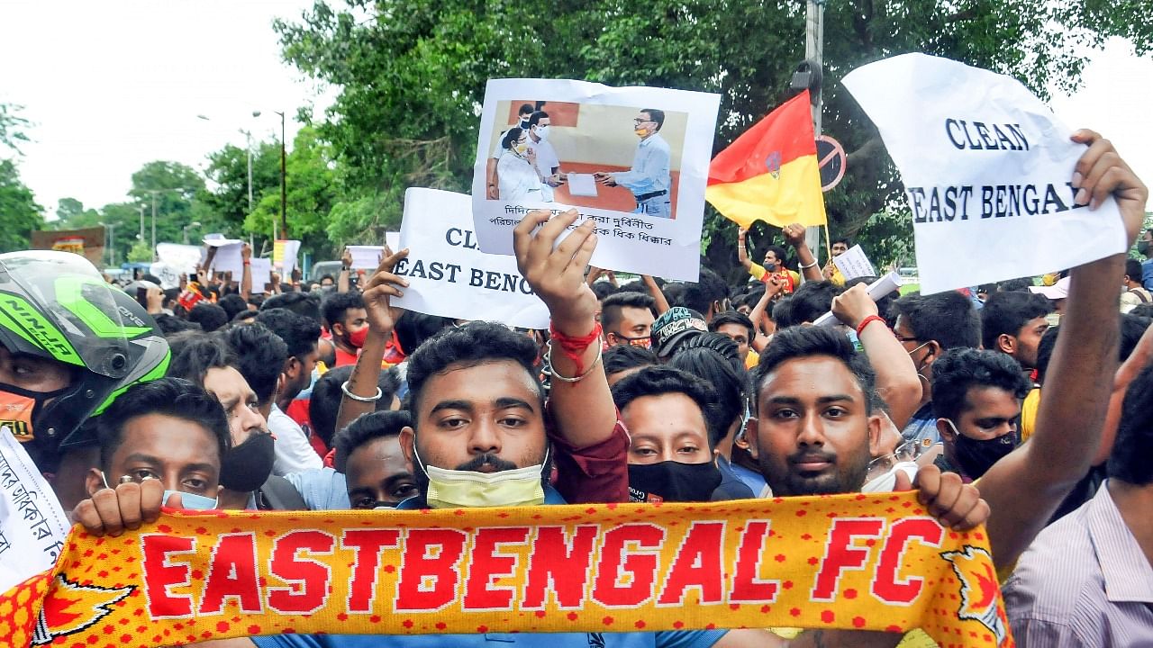 East Bengal fans during their protest against managing authorities. Credit: PTI Photo