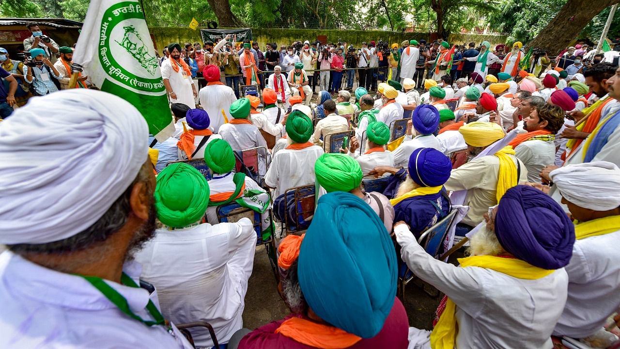 Farmers during their Kisan Sansad at Jantar Mantar in New Delhi. Credit: PTI photo