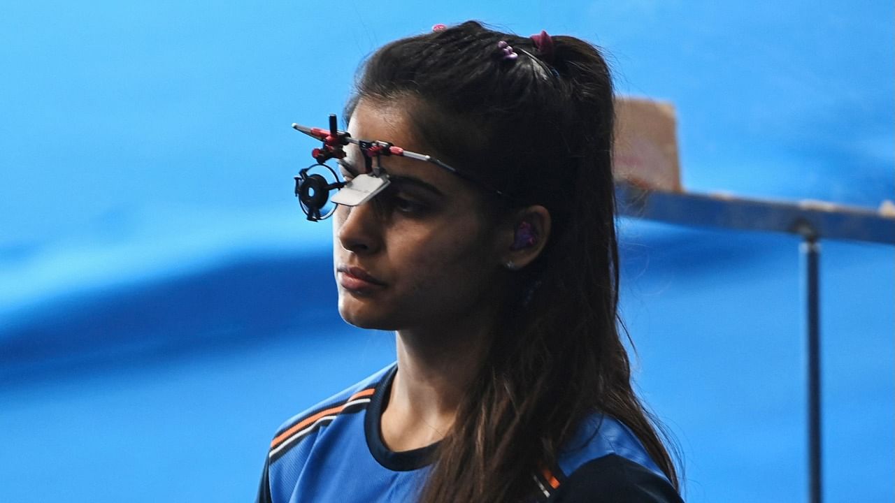 Manu Bhaker of India competes in the 25M pistol team women's final of the ISSF World Cup 2021. Credit: AFP File Photo