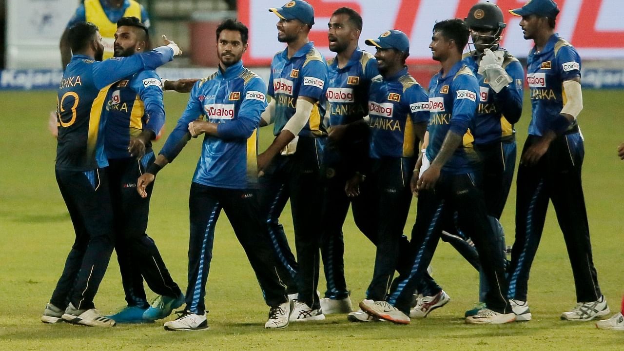 Sri Lanka's Wanindu Hasaranga celebrates taking the wicket of India's Krunal Pandya. Credit: Reuters Photo