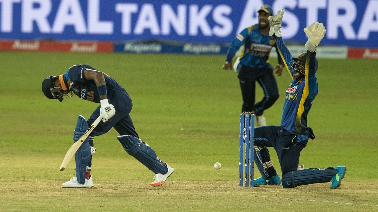Sri Lanka's wicketkeeper Minod Bhanuka successfully appeals for the dismissal of India's Hardik Pandya during the third ODI cricket match in Colombo. Credit: AP/PTI Photo