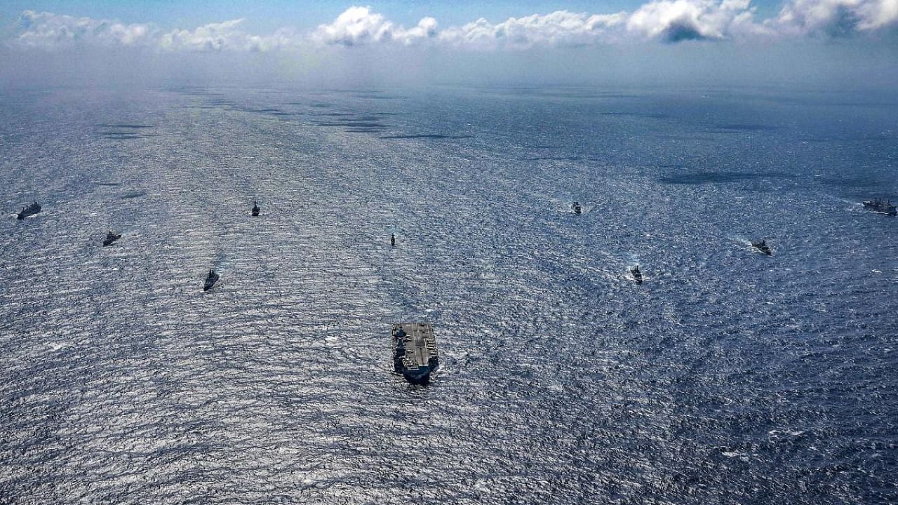 The UK's Carrier Strike Group (CSG), led by HMS Queen Elizabeth aircraft carrier during the joint maritime exercise with Indian Navy in the Bay of Bengal. Credit: PTI Photo