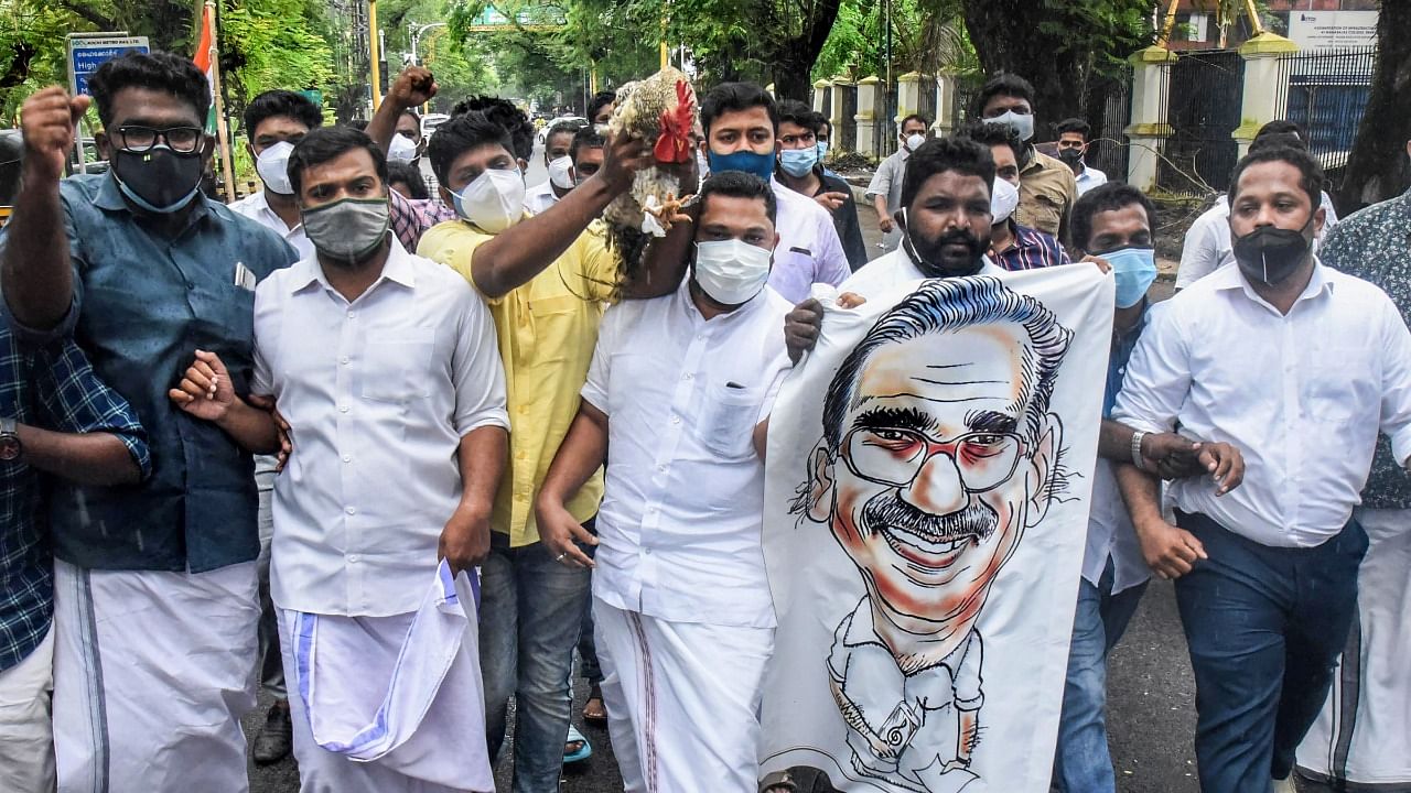 Youth Congress activists participate in a protest rally demanding resignation of Forest Minister A K Shashindran, in Kochi. Credit: PTI Photo