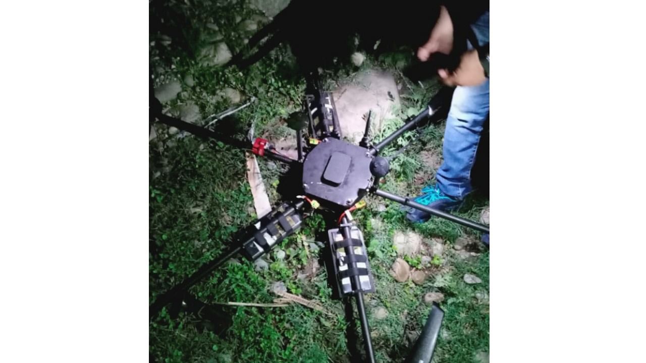 A hexacopter drone that was shot down by the J & K Police in Akhnoor area of Jammu district, Friday morning, July 23, 2021. Credit: PTI Photo