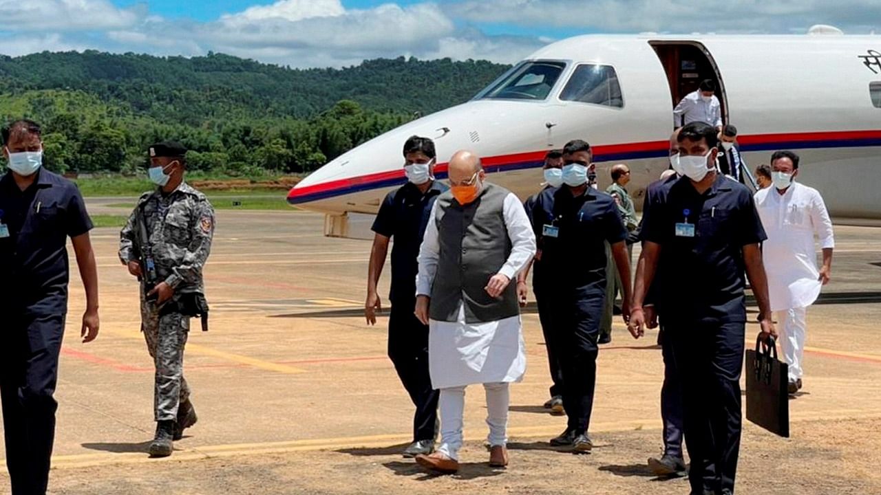 Union Home Minister Amit Shah arrives in Shillong, Saturday, July 24, 2021, to attend a meeting of all Chief Ministers, Chief Secretaries and DGPs of northeastern states. Credit: PTI Photo