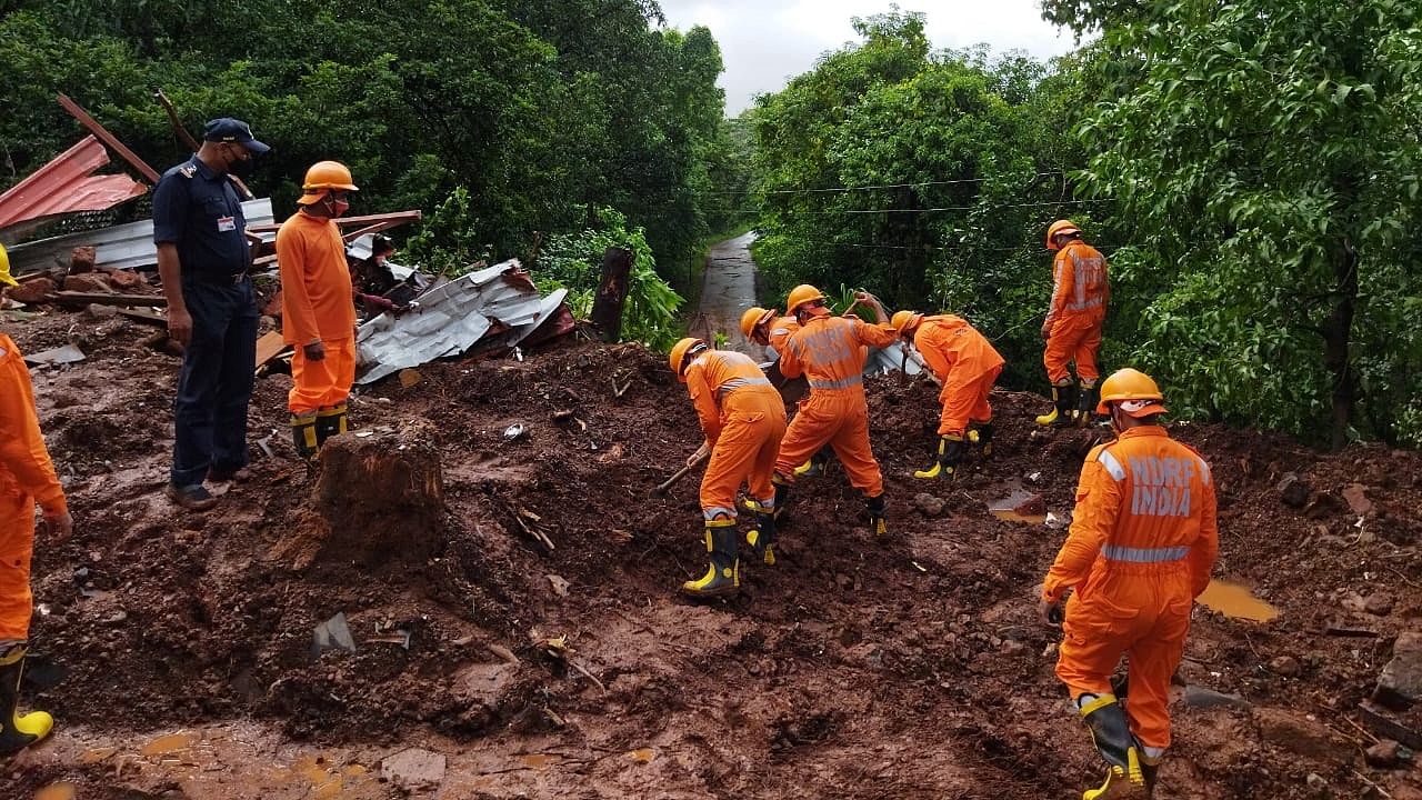 NDRF personnel conduct a search and rescue operation after a landslide following heavy rains in Ratnagiri district, Maharashtra. Credit: Reuters Photo