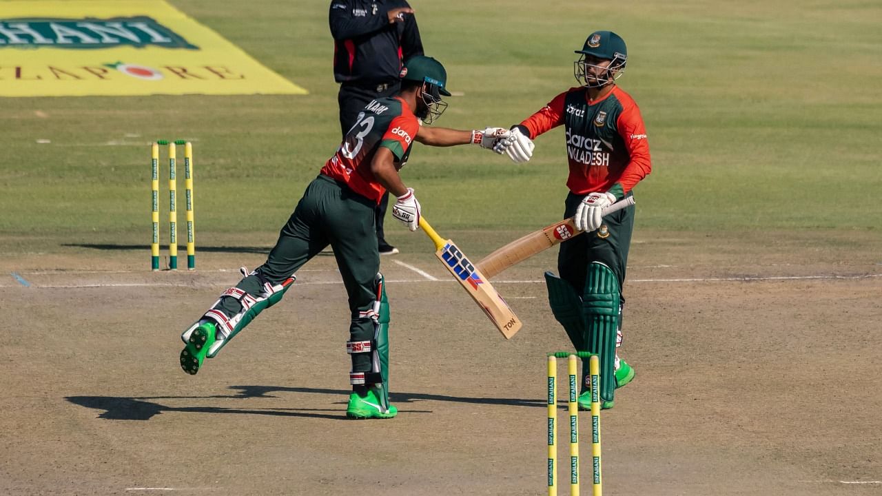 Soumya Sarkar (R) led Bangladesh's chase with 68 off 49 balls. Credit: AFP Photo