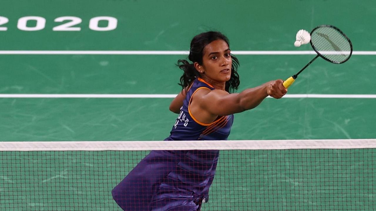 P V Sindhu of India in action during the match against Ksenia Polikarpova of Israel. Credit: Reuters Photo