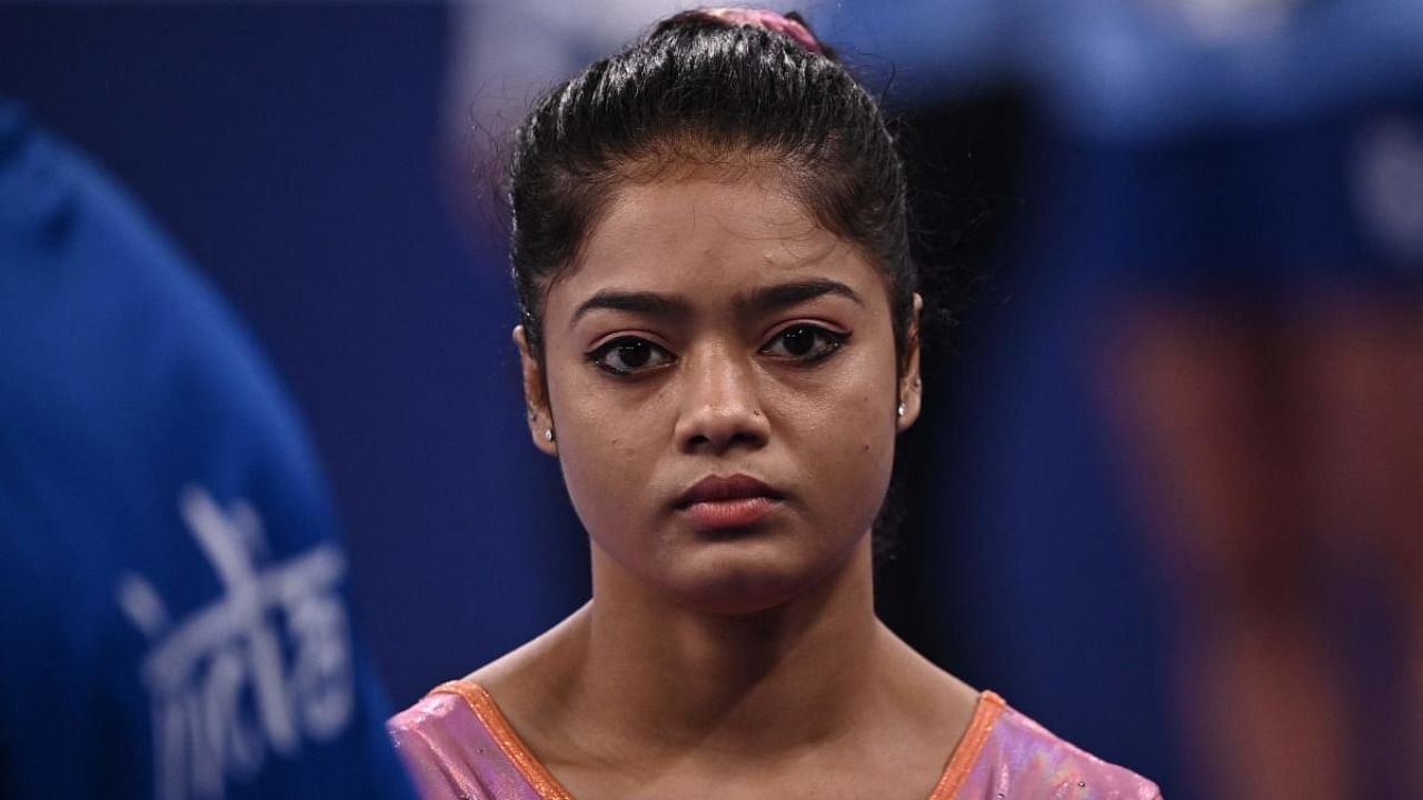 India's Pranati Nayak gets ready to compete in the uneven bars event of the artistic gymnastics women's qualification during the Tokyo 2020 Olympic Games at the Ariake Gymnastics Centre in Tokyo on July 25, 2021. Credit: AFP Photo