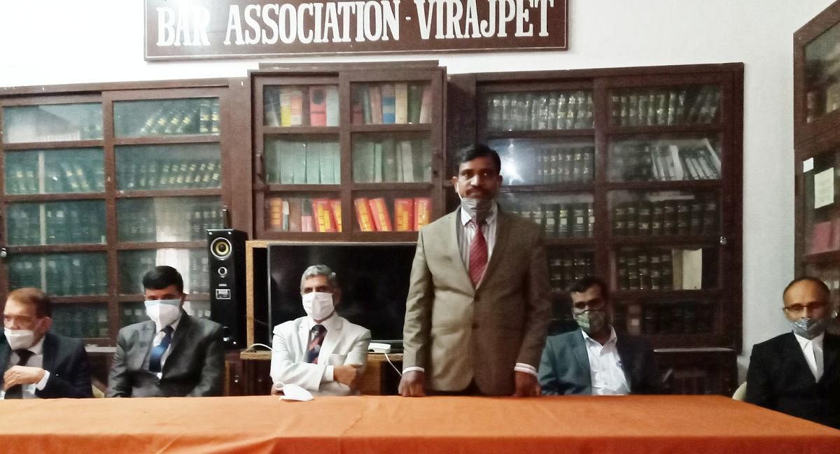 District Legal Services Authority secretary N Subramanya during a preparatory meeting heldat Virajpet Bar Association. Credit: special arrangement