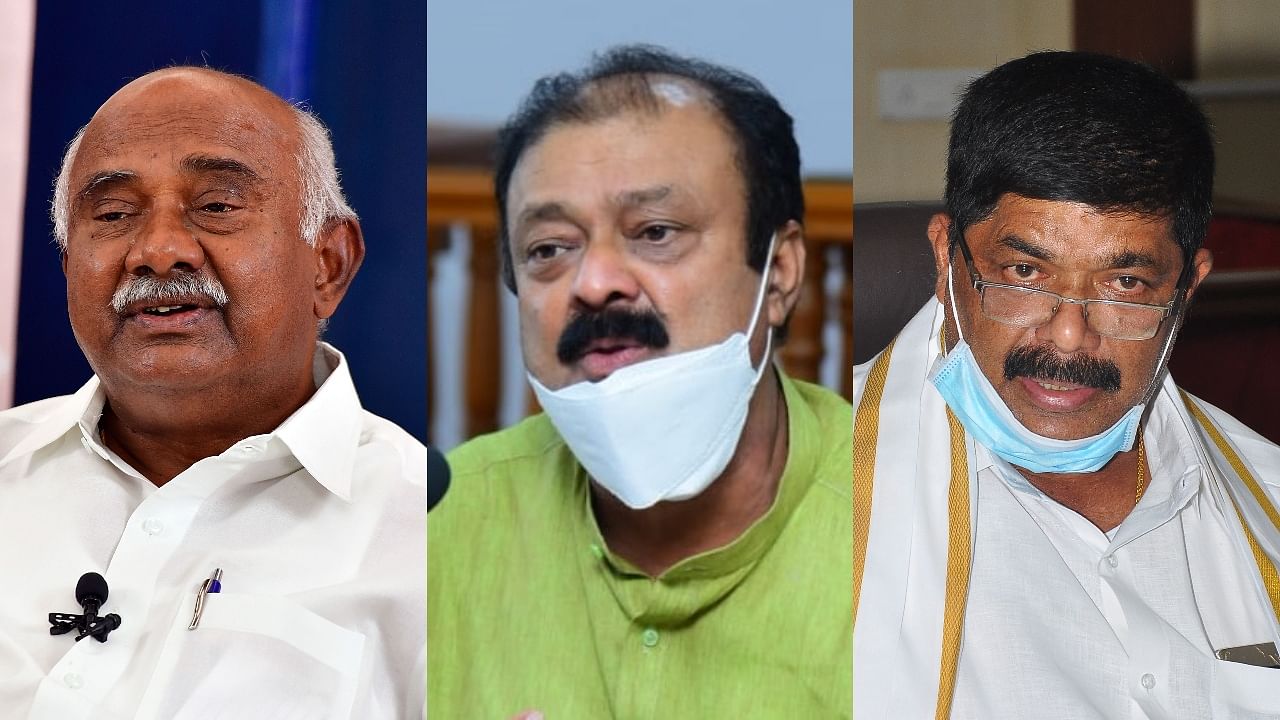 (L-R) A H Vishwanath, Narayana Gowda, and K Gopalaiah all left the JD(S) and joined the BJP in 2019. Credit: DH File Photos