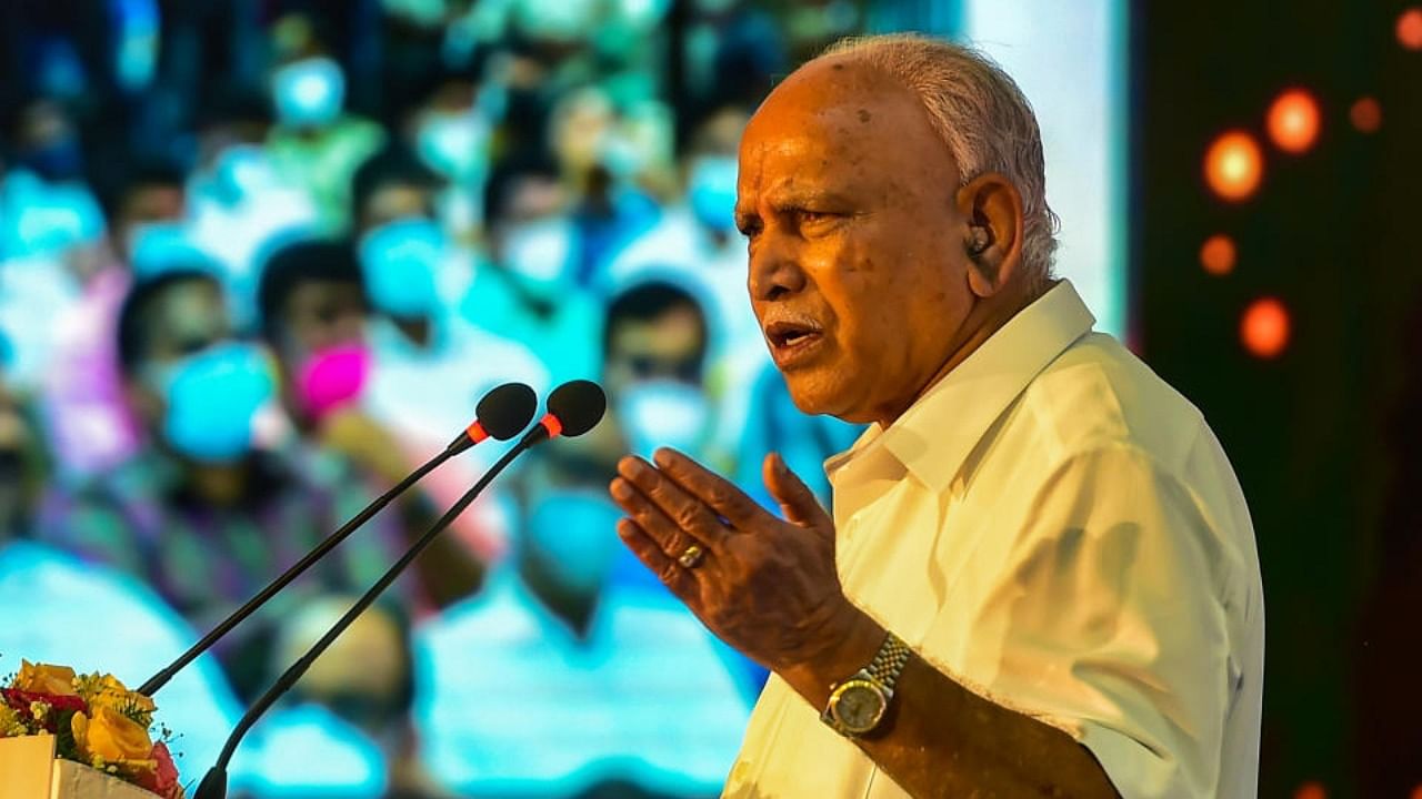 B S Yediyurappa during a programme commemorating two years of the BJP government in Karnataka at Vidhana Soudha in Bengaluru, Monday, July 26, 2021. Credit: PTI Photo