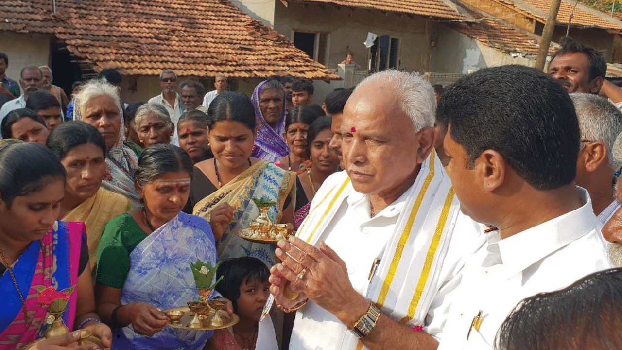 Caretaker CM B S Yediyurappa when he visited Shikaripur taluk. Credit: DH File Photo 